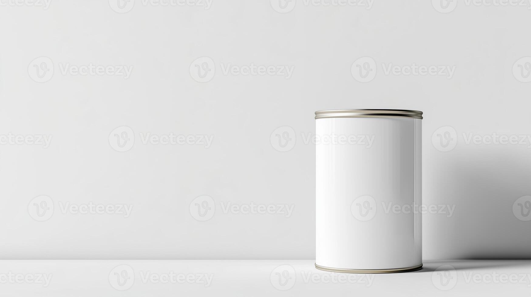 Blank white tin can on a white background with soft shadows. Minimalist product packaging mockup. Design for branding and advertising photo
