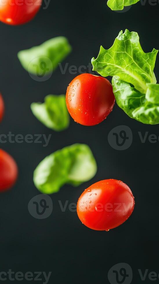 Fresh Green Lettuce and Red Cherry Tomatoes in Super Slow Motion Close Up with Probe Lens Focusing on Vibrant Colors, Textures, and Freshness, a Modern Food Photography Concept photo