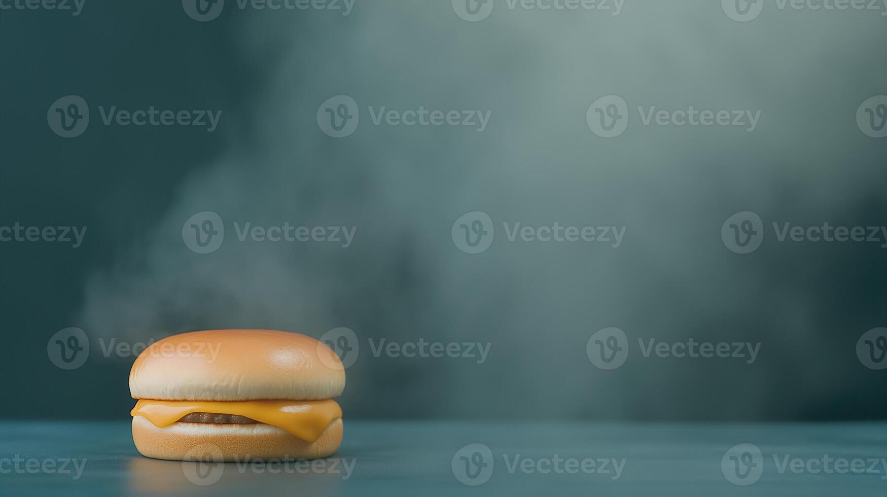 Steamy Cheeseburger on Dark Background with Atmospheric Smoke Perfect for Culinary Advertisements and Food Blogs photo