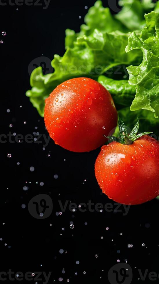 Fresh Green Lettuce and Ripe Red Tomatoes With Water Droplets in Super Slow Motion Captured Up Close With Probe Lens on Black Background for Culinary and Healthy Lifestyle Concepts photo