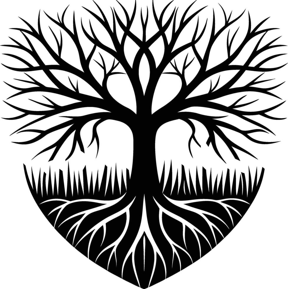 A tree roots forming the shape of a heart silhouette vector