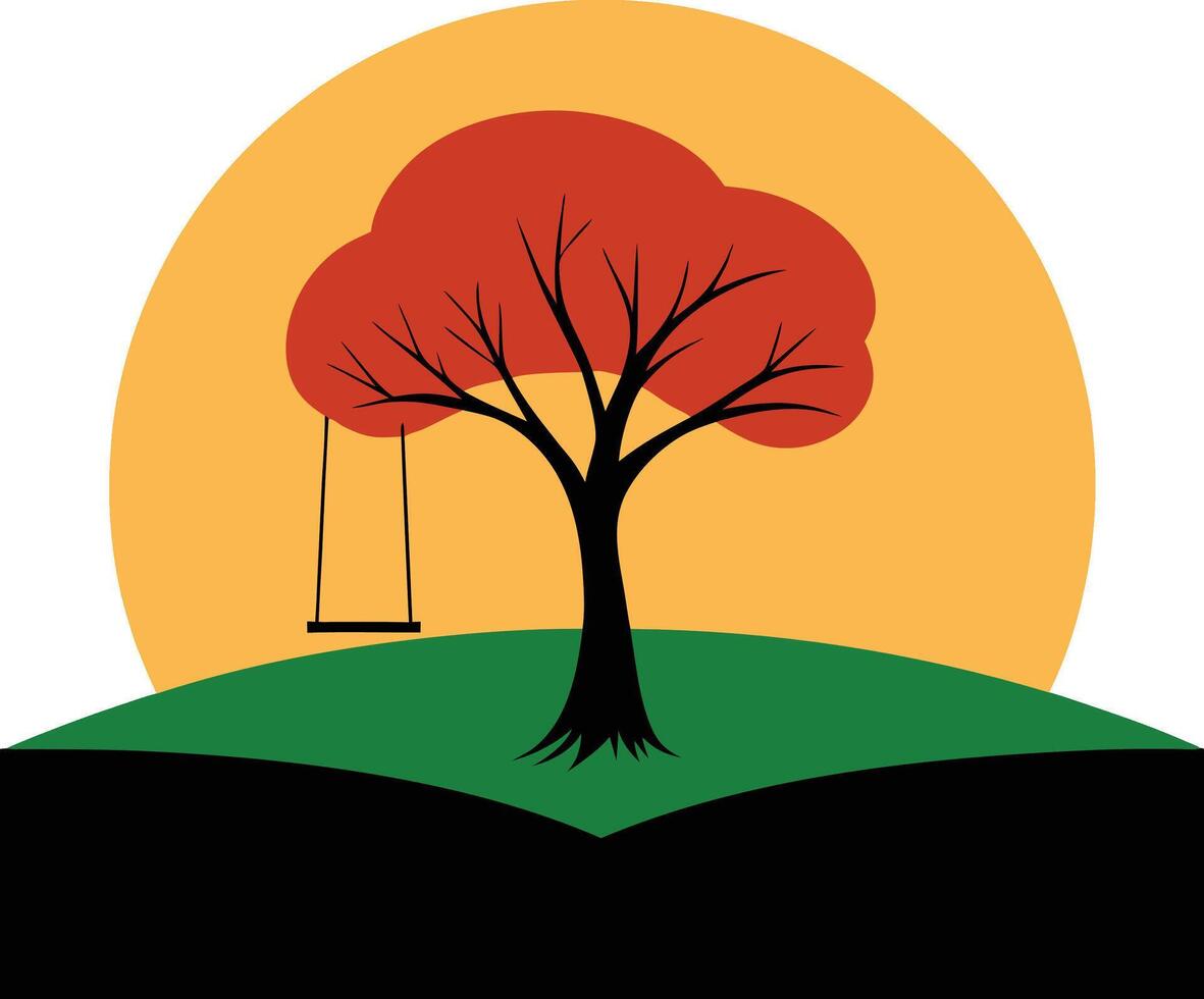 A grassy field with a single tree and a swing illustration vector