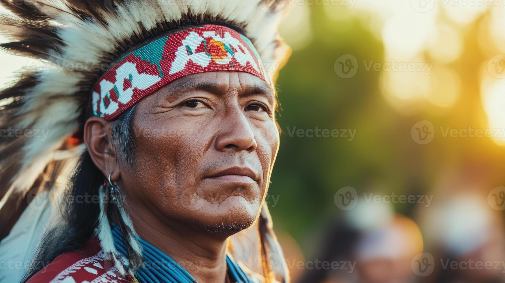 Indigenous Activist in Traditional Headdress Protest Scene with Cultural Significance Highlighted by Golden Hour Lighting photo