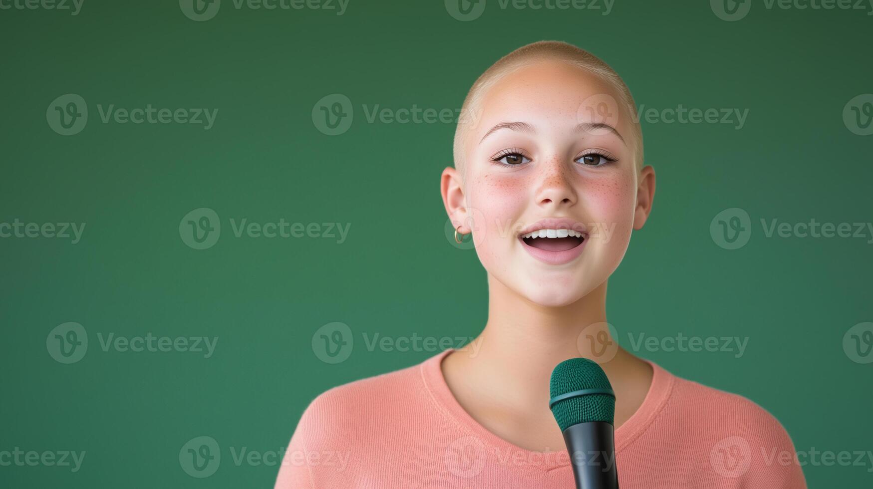 Teenage Girl With Alopecia Confidently Speaking Into Microphone Against Green Background, Embracing Individuality And Self-Esteem, Youthful Spirit And Strength In Public Speaking photo