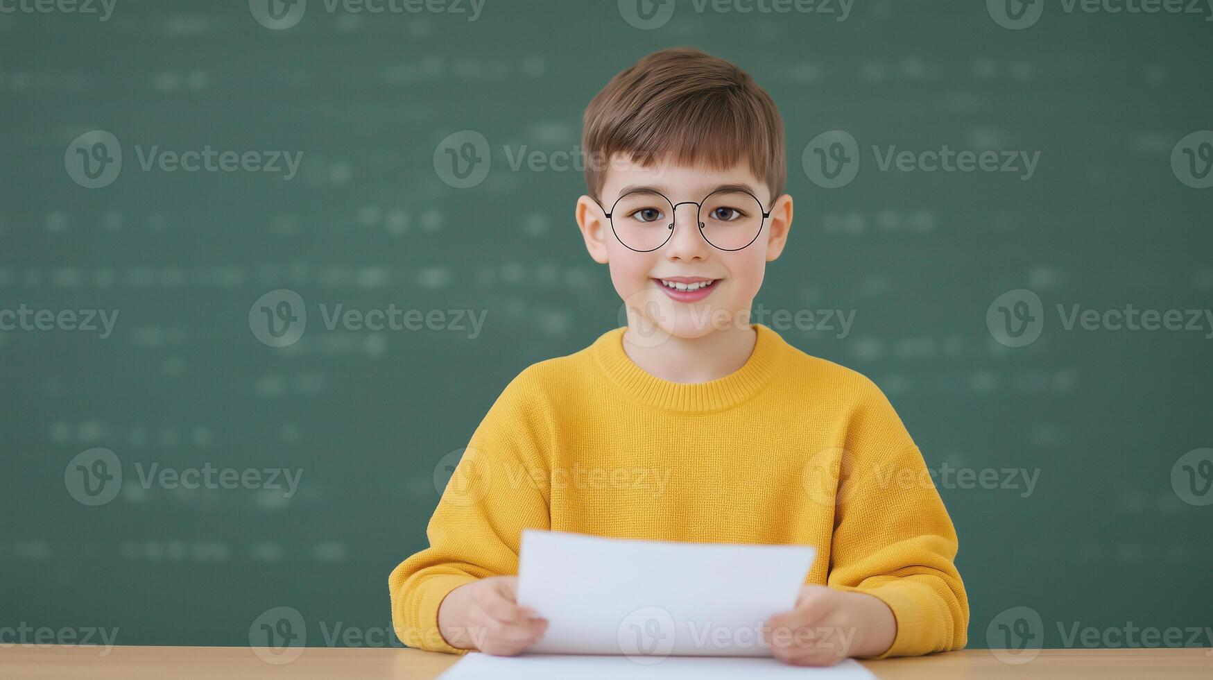 Young Boy in Yellow Sweater Reading Braille at Classroom Desk for Education and Inclusion Scene, Emphasizing Learning, Accessibility, Education and Inclusion in an Academic Environment photo
