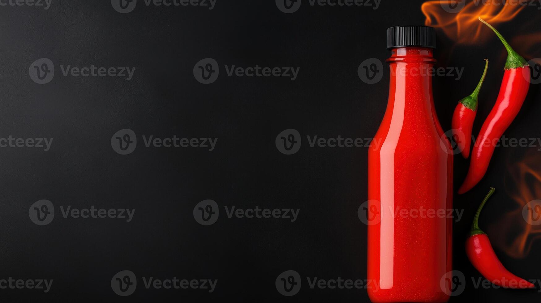 Red hot sauce bottle with chili peppers and flame effect on a black background. Spicy food and condiment concept. Design for banner, poster, or advertisement. photo