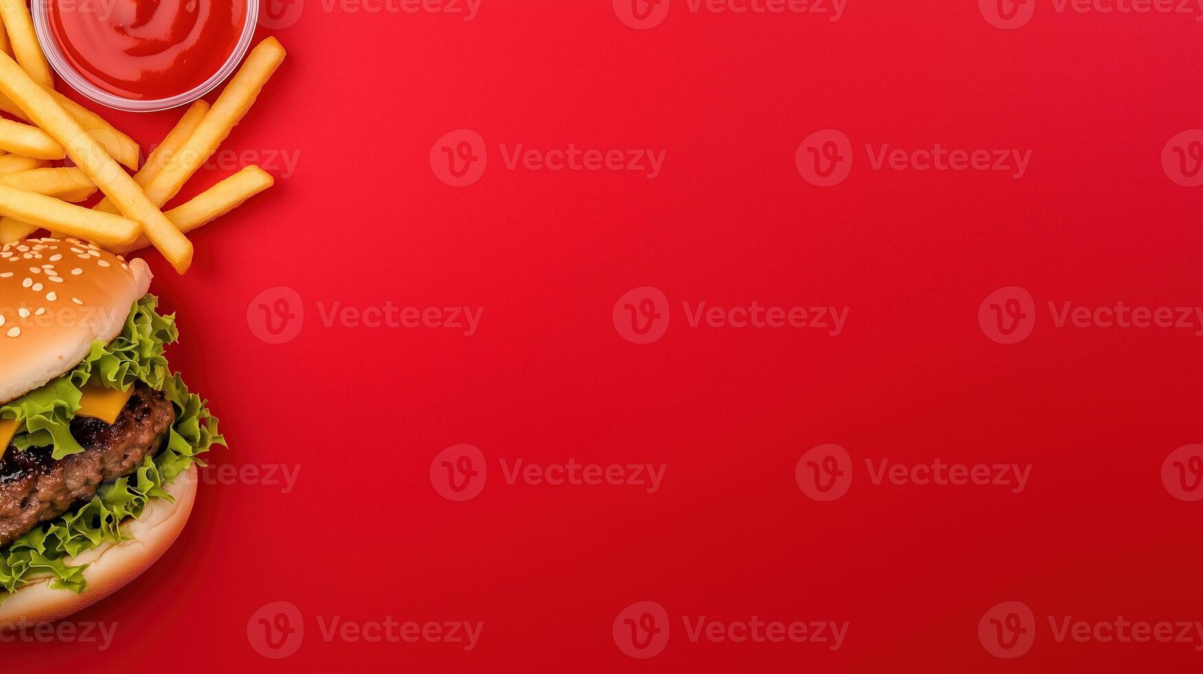 Delicious Fast Food Spread with Juicy Burger and Crispy Fries on Vibrant Red Background for Modern Food Advertising and Menus photo