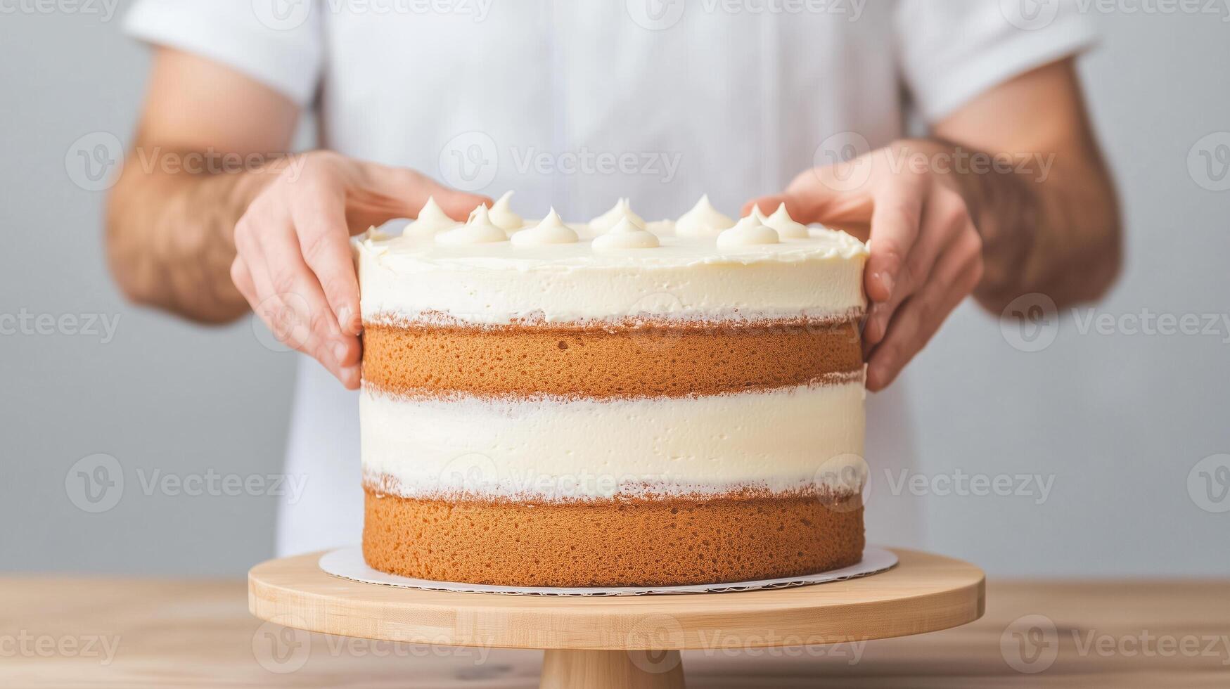 Baker Applying Smooth Cream Frosting to Delicious Layered Cake in Professional Kitchen Setting with Focus on Pastry Craftsmanship and Culinary Artistry for Gourmet Dessert Presentation Photography photo