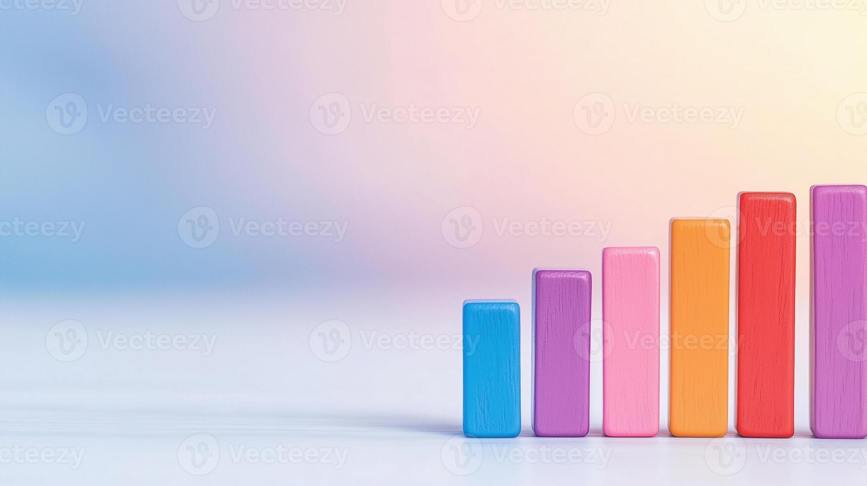 Colorful wooden bar graph blocks arranged in ascending order on a gradient background. Concept of growth and data analysis. photo
