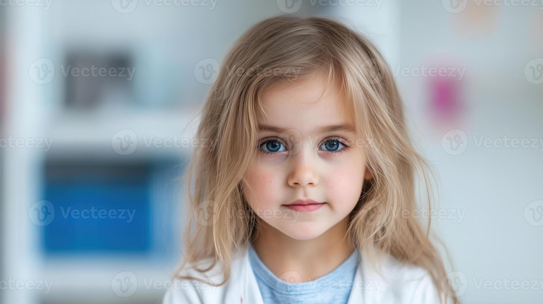 Young Girl With Focused Expression and Long Blonde Hair in Soft Lighting, Expressive Blue Eyes in a Calm Background for Diverse Concepts in Education, Childhood Development, and Emotion Study photo