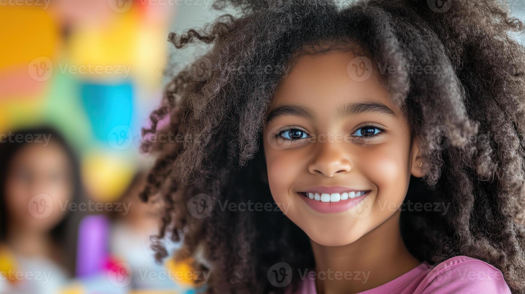 Smiling Child in Creative Workshop Setting with Diverse Team and Colorful Materials Celebrating Creativity and Teamwork photo