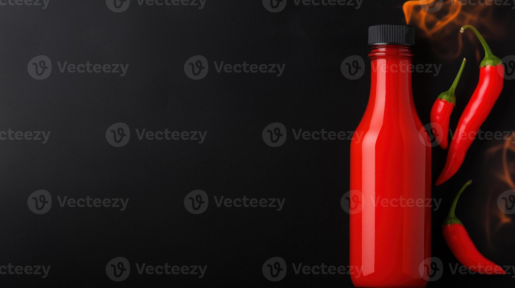 Red Chili Sauce in Glass Bottle with Fresh Red Peppers on Dark Background, Spicy Condiment Concept photo