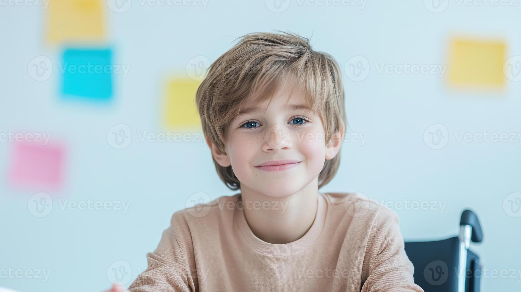 Adolescent Boy in Wheelchair Smiling with Colorful Background Inspiring Inclusion and Diversity in Modern Portrait Photography photo