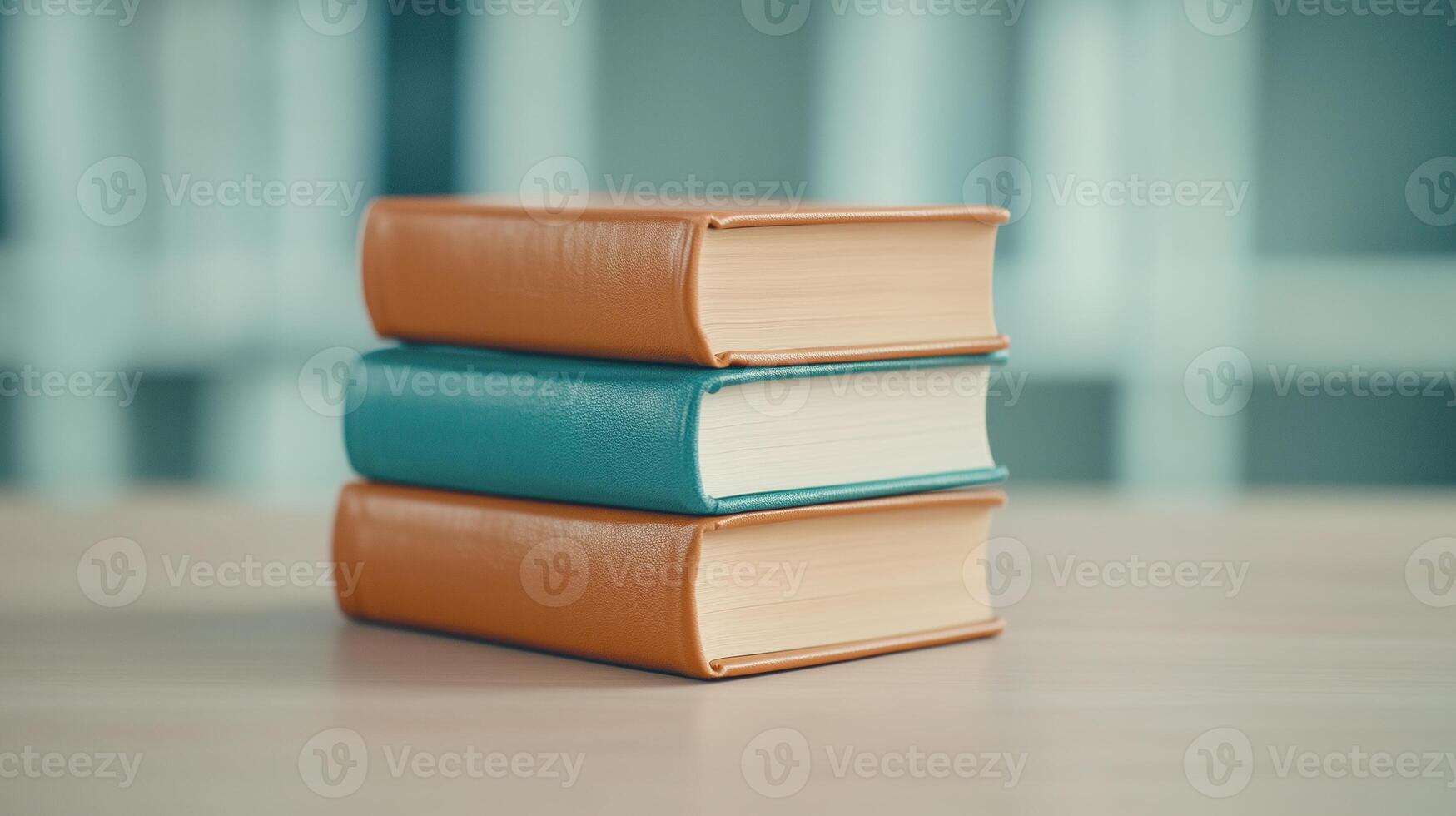 Stack Of Books On Wooden Table In Library With Shallow Depth Of Field Focused On Literature Knowledge And Education Against Blurred Bookshelf Background photo