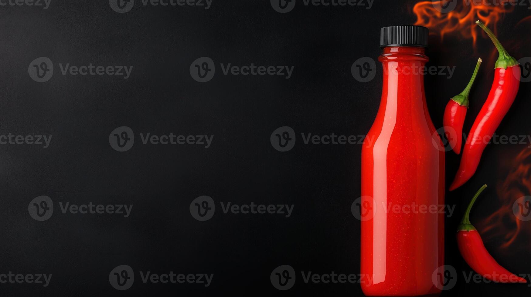 Vibrant Red Hot Sauce Bottle with Fiery Chili Peppers on Dark Background for Spicy Culinary Themes and Sauces photo
