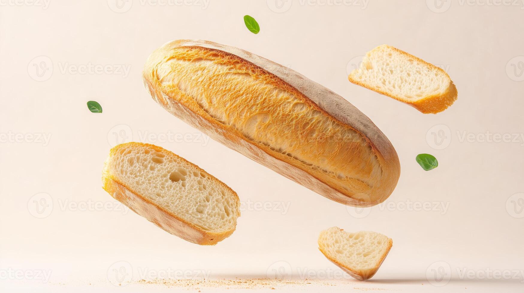 Floating Baguette and Slices with Crumbs on Beige Background for Modern Culinary Art and Advertising photo