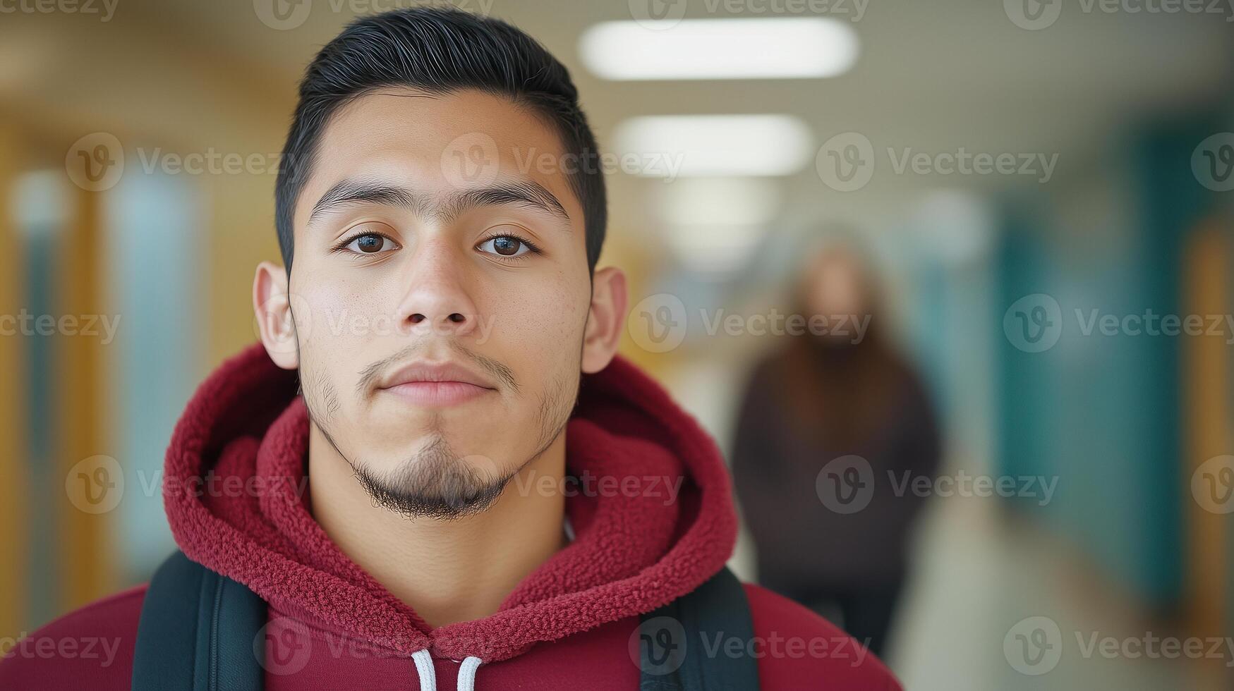 Young Man in Red Hoodie Standing in School Hallway with Backpack, Defocused Background, Soft Lighting, Casual Expression, Contemporary Urban Environment, Capturing Youthful Moments photo