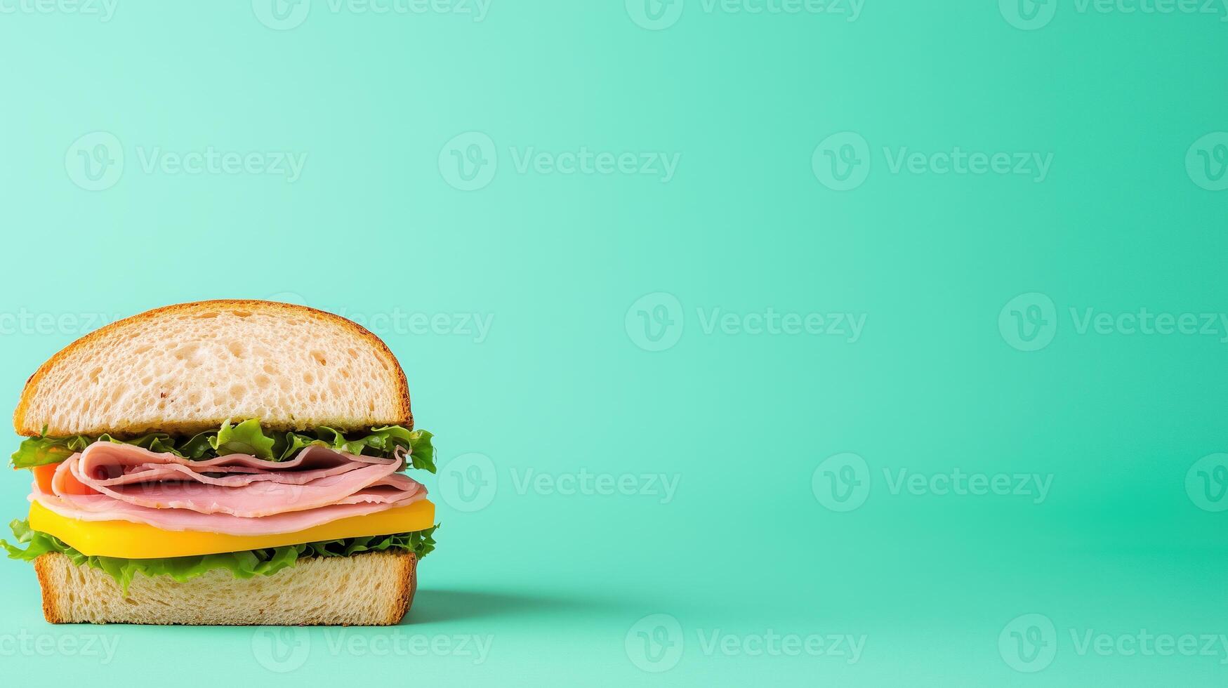 Delicious Veggie and Ham Sandwich on Vibrant Green Background Perfect for Spring and Summer Food Promotions photo