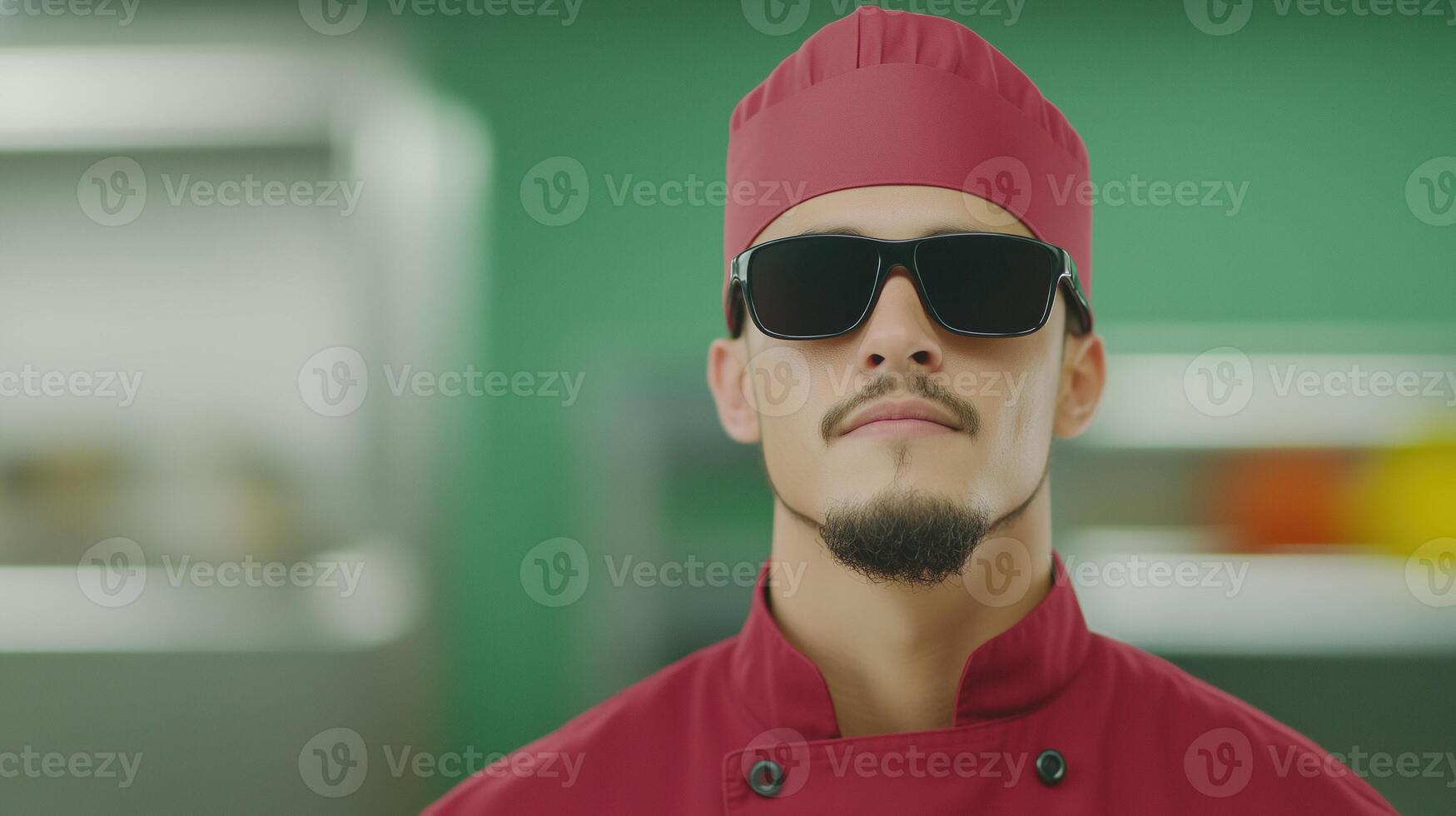 Blind Chef Wearing Red Uniform and Sunglasses in Professional Kitchen with Focused Expression on Culinary Expertise photo