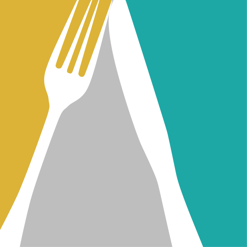 A fork and knife on a blue and yellow background png