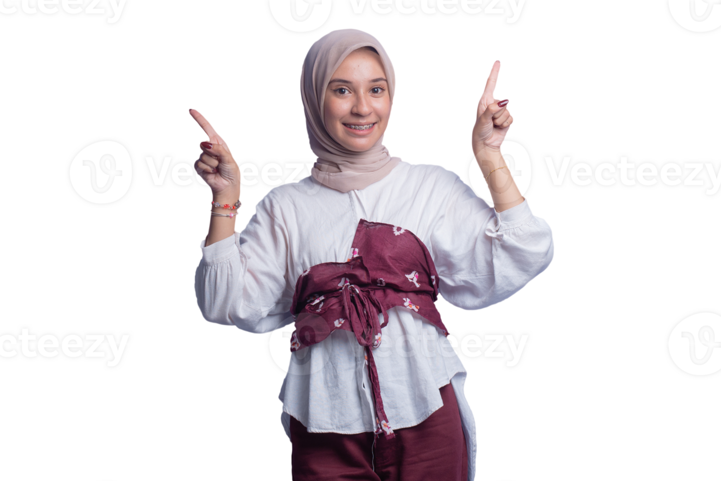 A woman in a hijab is pointing at something png