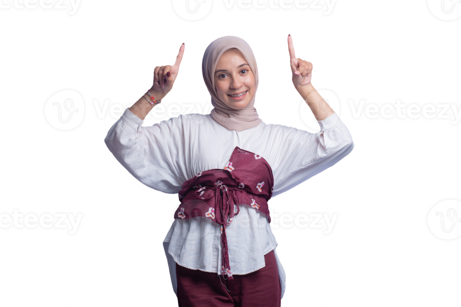 A woman in a hijab is holding up two fingers png
