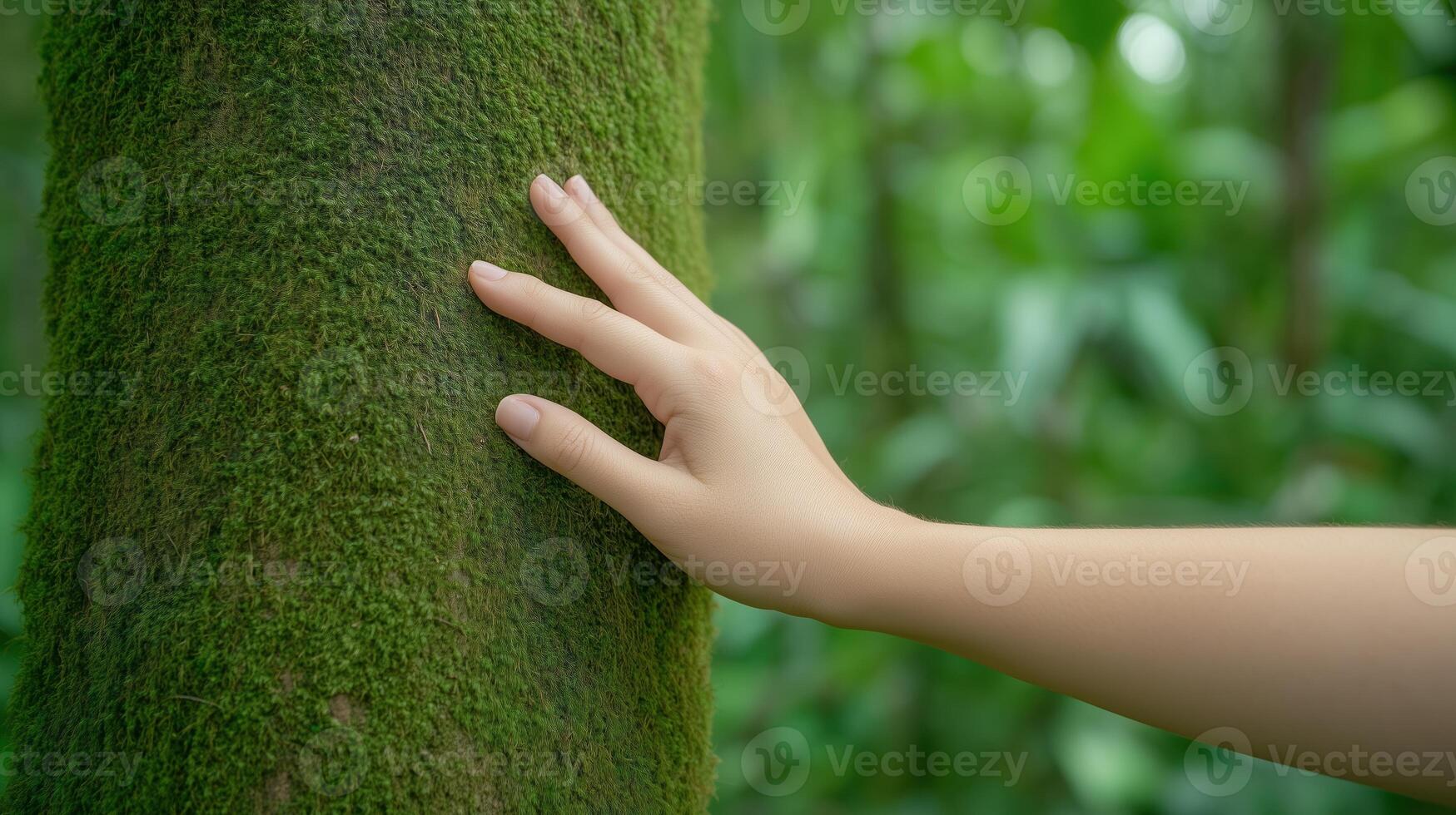 Female Hand Touching Vibrant Moss-Covered Tree in Lush Forest Reflecting Nature's Tranquility and Connection to Earth, Offering Serene and Peaceful Greenery, Perfect for Eco-Friendly Designs photo