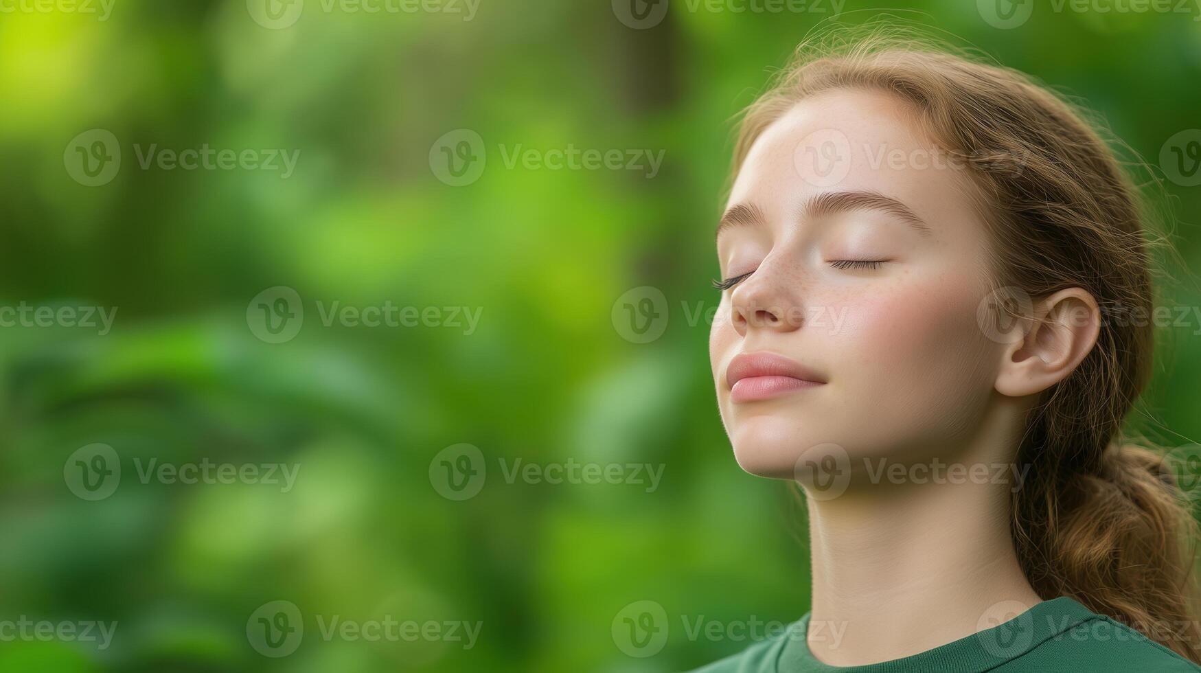 Tranquil Young Woman with Closed Eyes Breathing Deeply in Lush Green Forest Background for Relaxation Nature and Wellness Lifestyle Concept photo