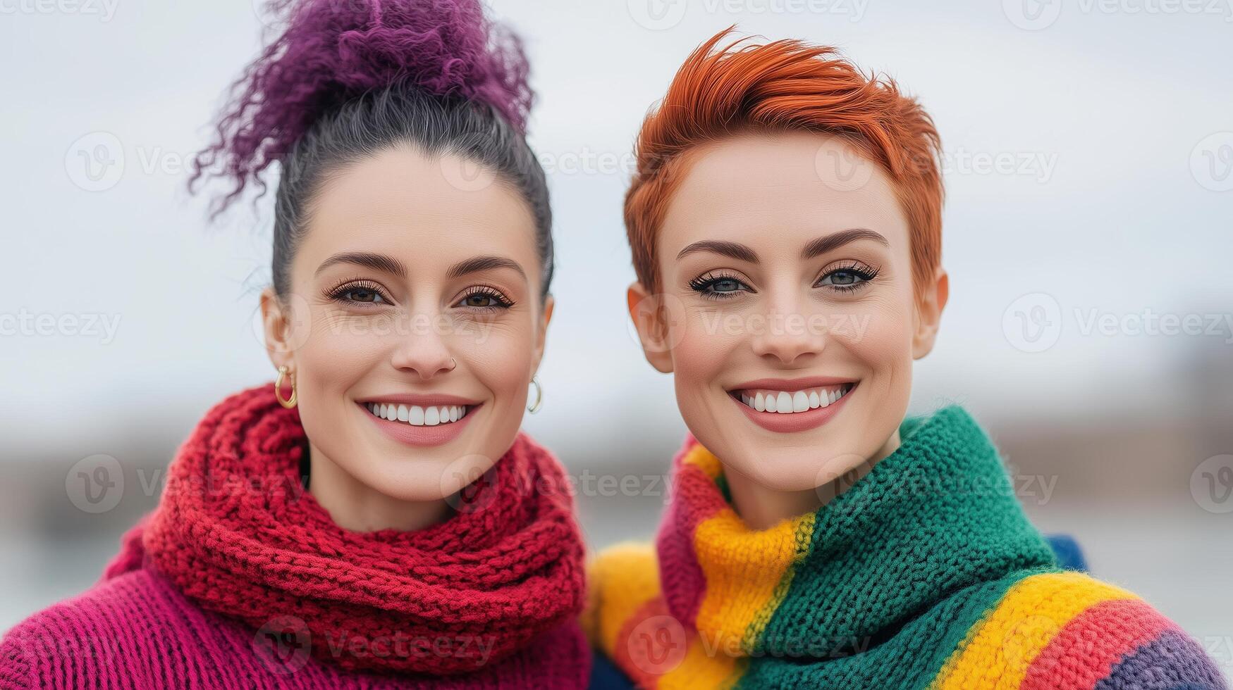 Two Smiling Women Wearing Colorful Knit Sweaters Displaying Diversity and Joy in Professional Setting with Natural Background in Fall Season, Embracing LGBTQ Pride and Inclusivity photo