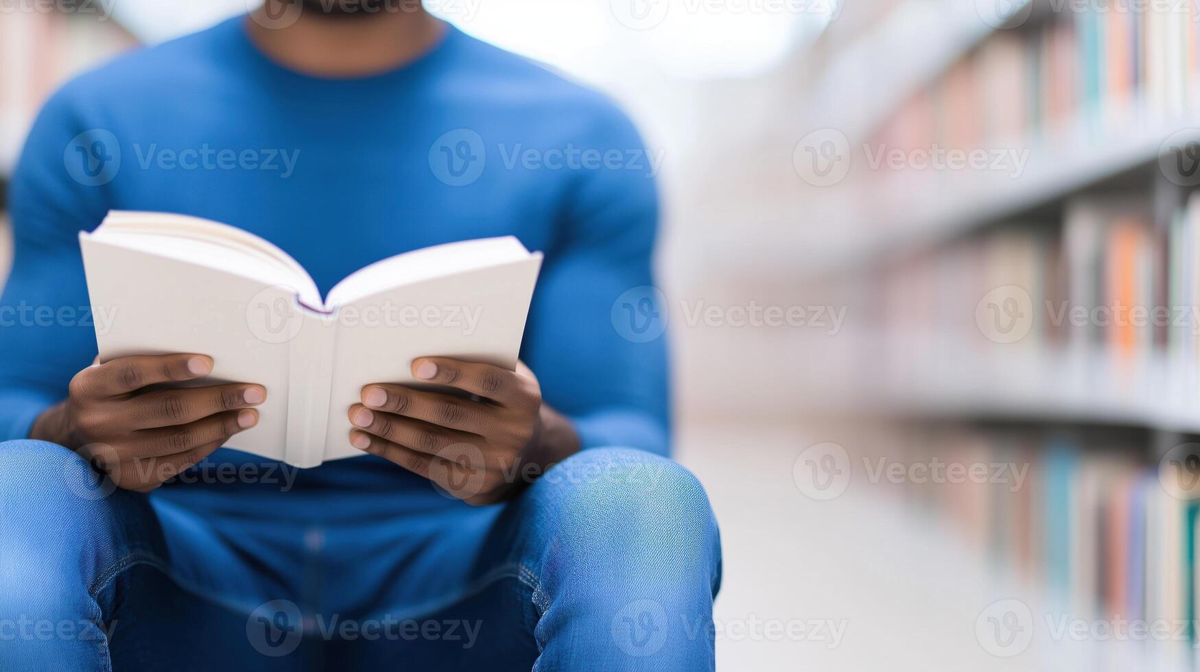 Man Reading Large Print Book in Library Setting for Education and Knowledge Concept in Soft Focus Background photo