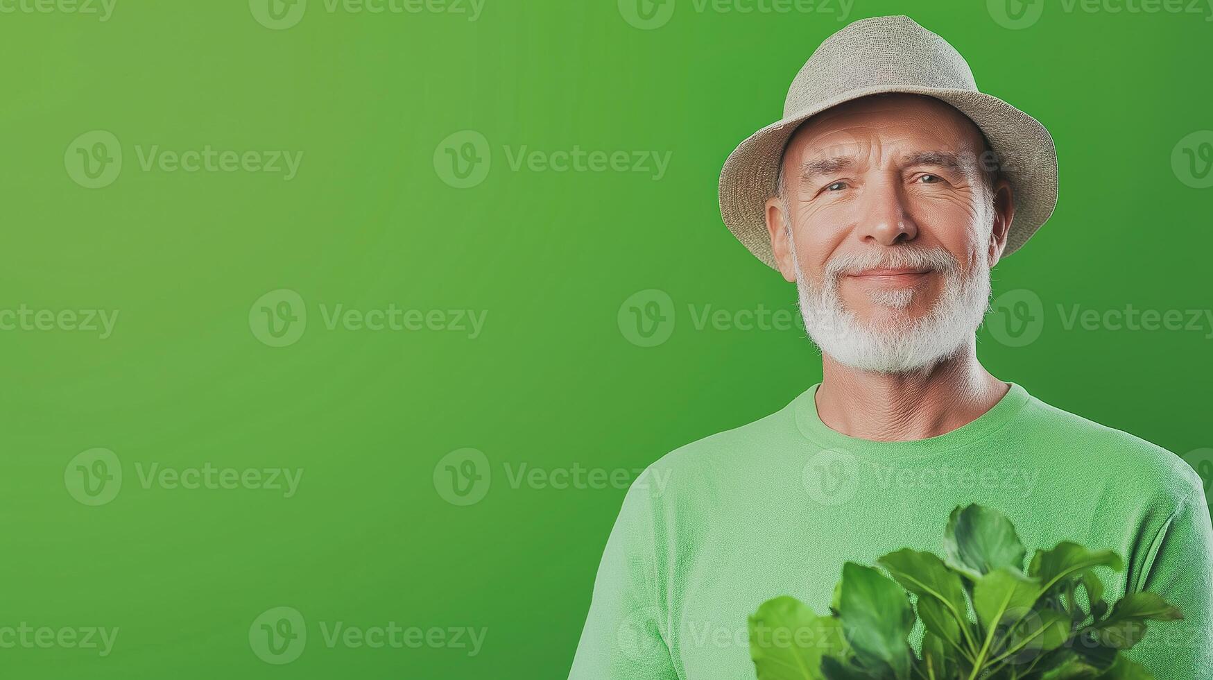 Elderly Man with Prosthetic Arm Gardening Against Green Background Smiling with Hat and Holding Fresh Vegetables photo