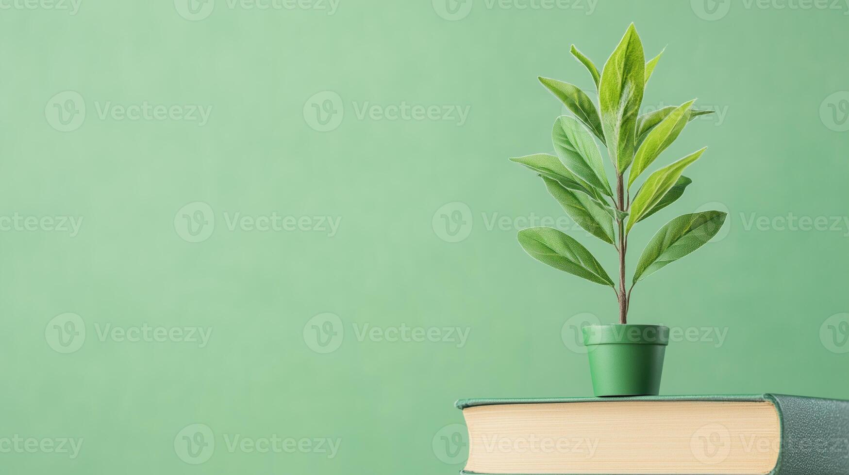 Sustainable Education Concept with Green Plant on Book Against Minimalist Background Focused on Environmental Knowledge and Learning photo