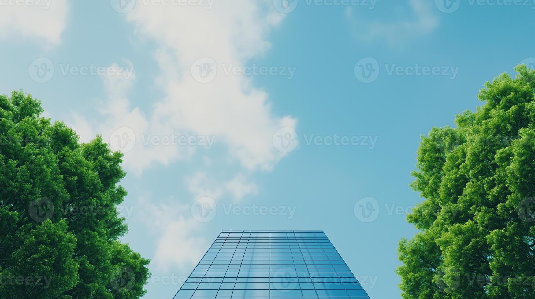 Sustainable Business Concept With Skyscraper Reflecting Blue Sky Amidst Green Trees Highlighting Environmental Social Governance Themes In Modern Architecture photo