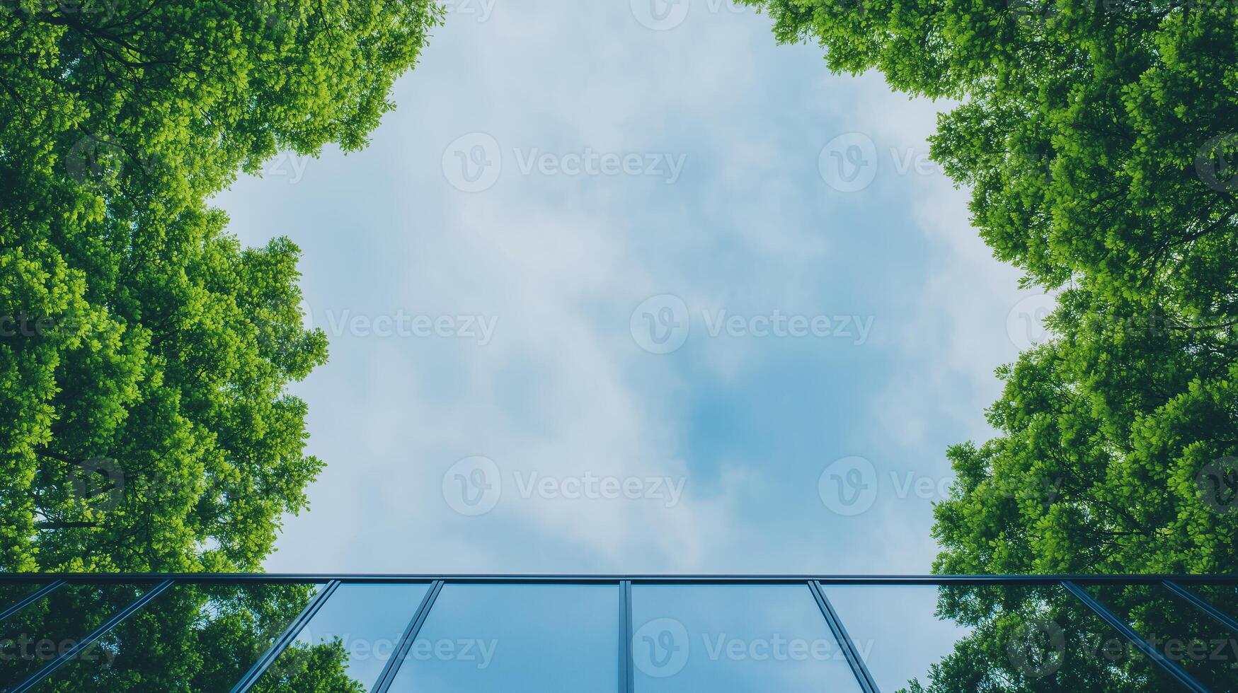 Sustainable Architecture Concept with Glass Building and Green Trees Symbolizing Environmental Social Governance and Nature Integration in Modern Design photo
