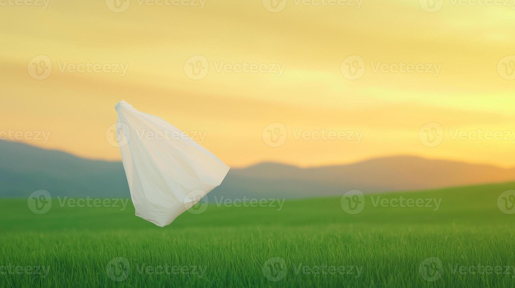 Ethereal Plastic Bag Floating Gracefully Against Golden Sunset Sky Over Lush Green Field in Serene Countryside Setting, Capturing Environmental Themes and Artistic Beauty photo