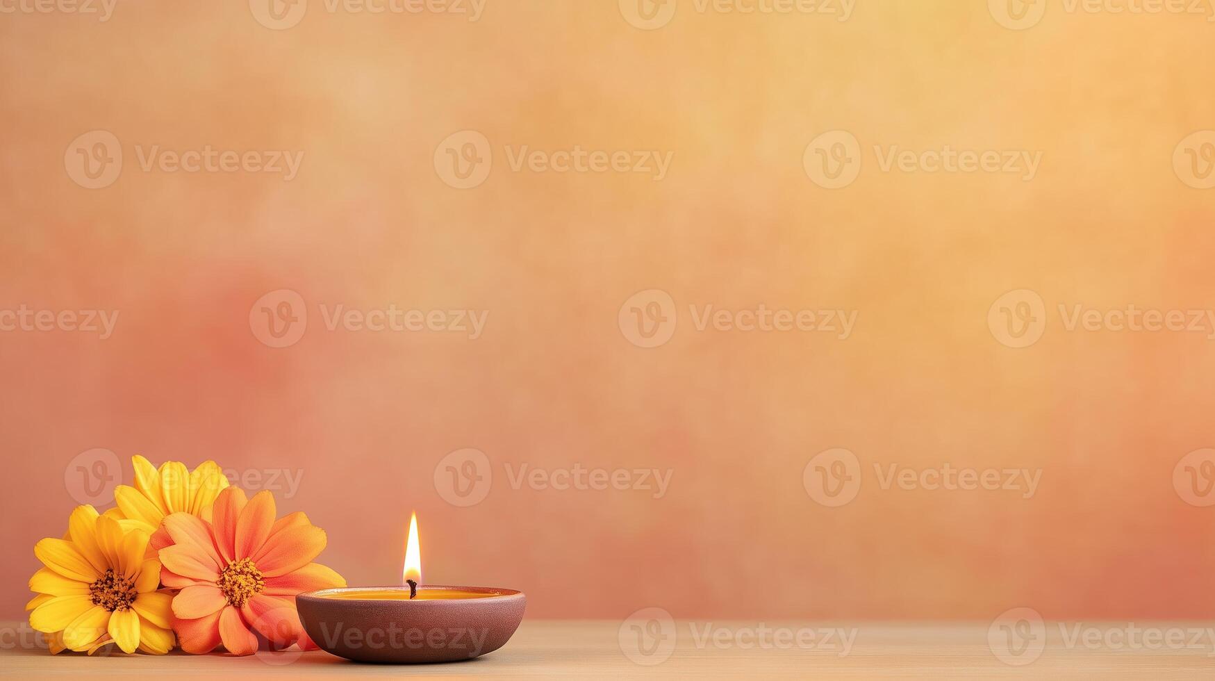 Traditional Indian Background Featuring Diya Lamp on Podium with Vibrant Flowers and Warm Tones for Festival Celebrations photo
