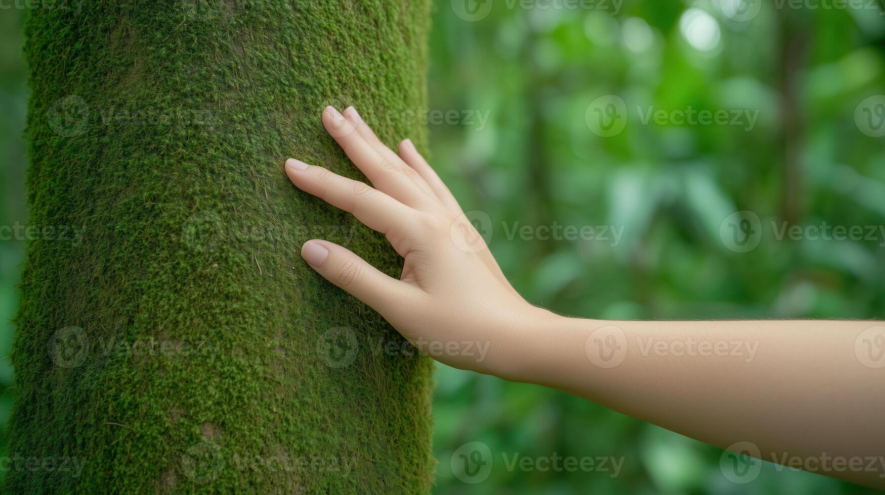 Female Hand Touching Vibrant Green Mossy Tree in Lush Forest Capturing Nature Connection and Serenity Amidst Verdant Foliage photo