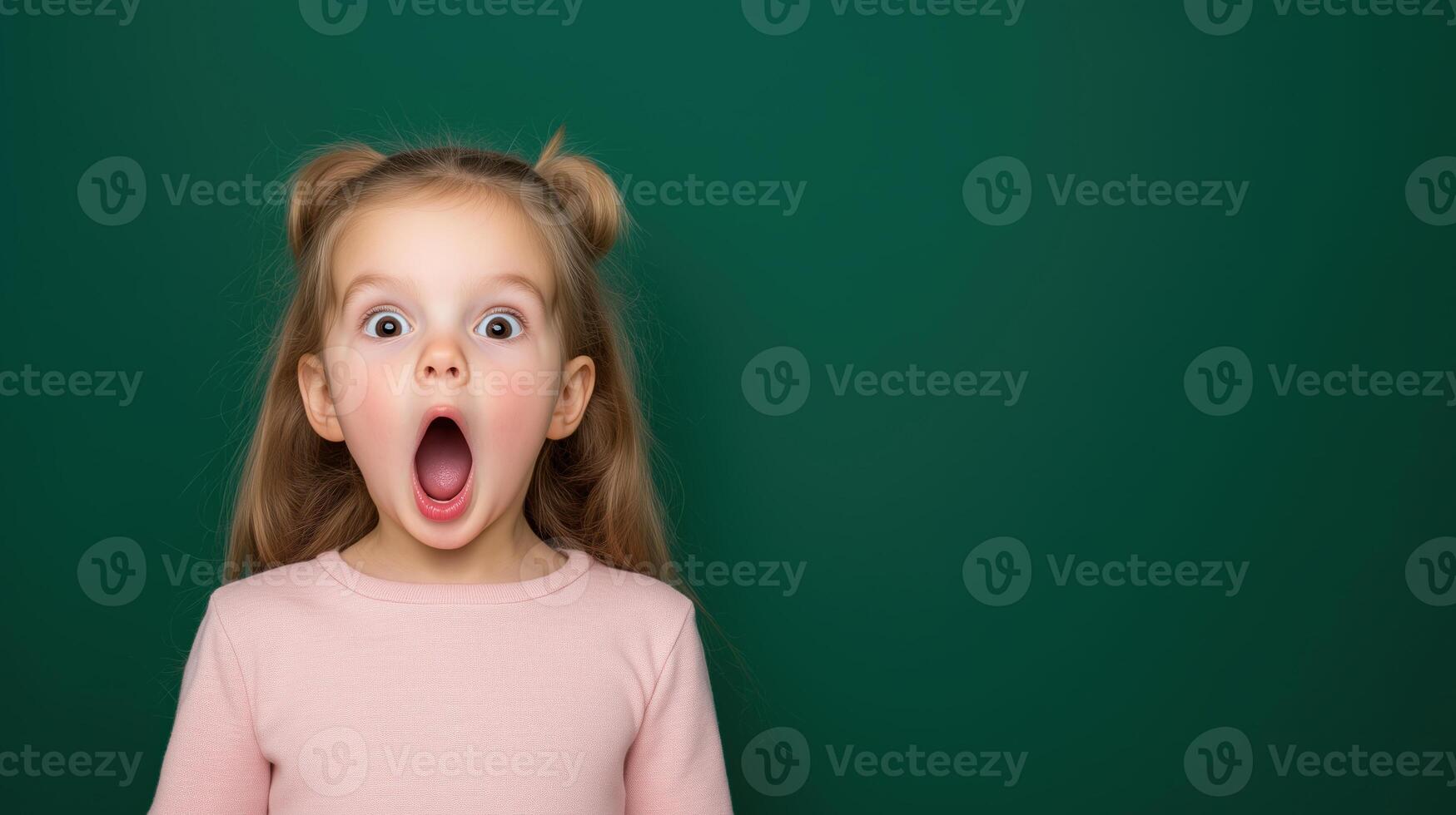 Excited Young Girl With Open Mouth Against Green Background Expressing Surprise and Joy in Studio Portrait photo