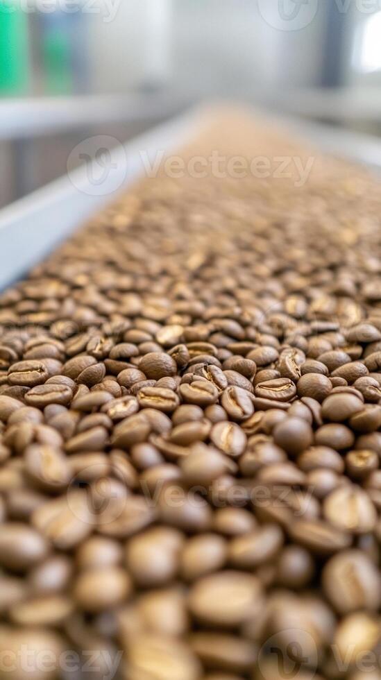Freshly Roasted Coffee Beans on Conveyor Belt in Modern Production Facility Highlighting Industrial Coffee Manufacturing Process and Quality Control in Large-Scale Roasting Factory Setting photo
