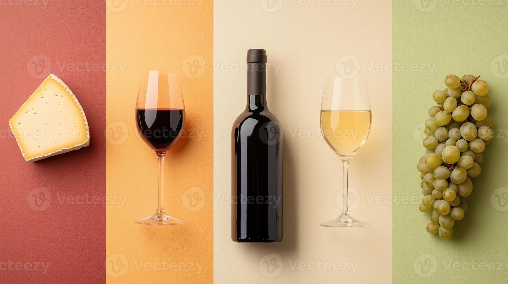 Elegant Wine Tasting Invitation Featuring Red Wine White Wine Cheese Grapes On Pastel Background Perfect For Sophisticated Celebrations And Culinary Events Showcasing Refined Elegance photo