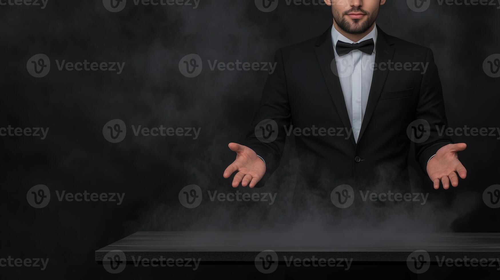 Mysterious Magician Performing Mesmerizing Levitating Trick with Smoke Effects and Elegant Suit on Dark Stage for Captivating Illusion Experience and Magical Entertainment Scene photo