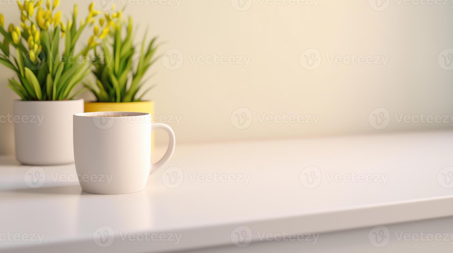 Minimalist Kitchen Countertop with White Coffee Mug and Yellow Flowers in Soft Natural Light photo
