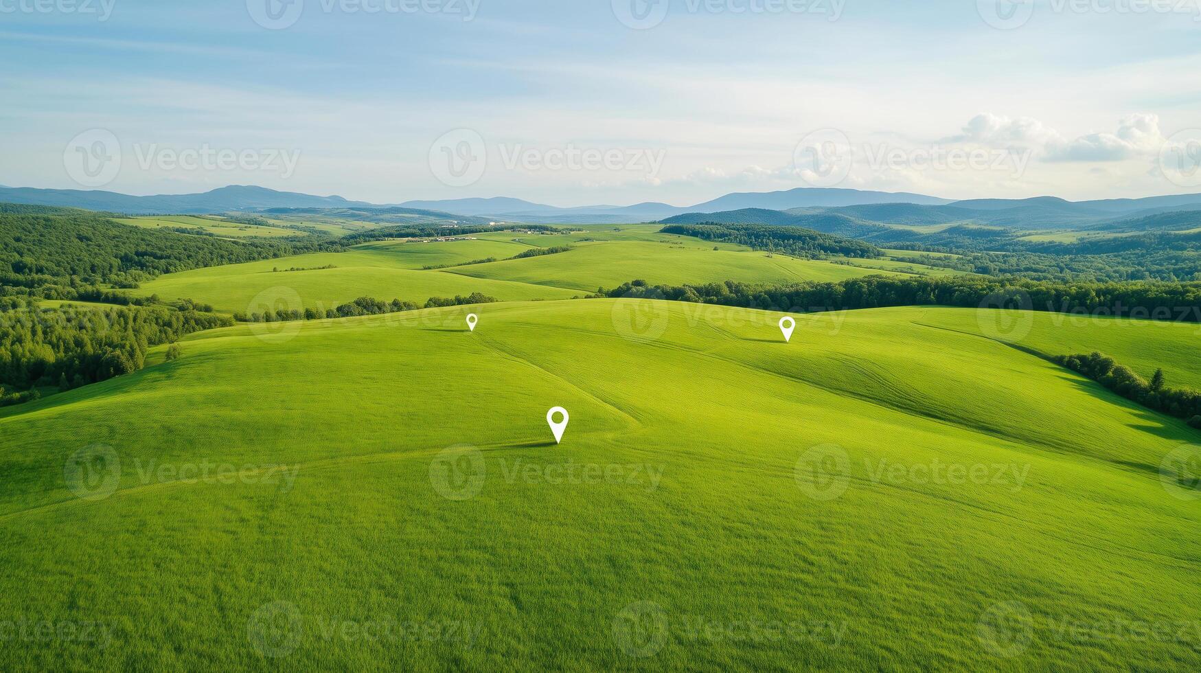 Aerial View Of Vast Green Landscapes With Digital Location Markers Symbolizing Connectivity And Technological Networks Amid Rolling Hills Under Clear Blue Sky photo