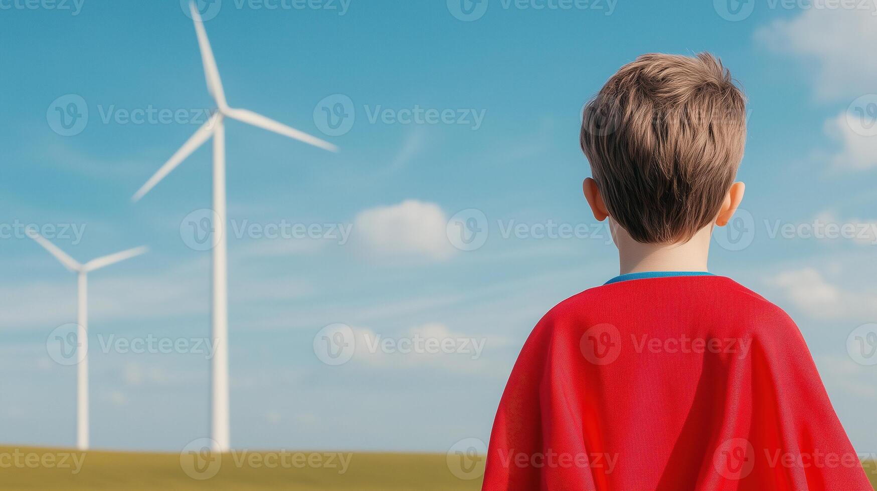 Young Boy in Red Cape Stands in Field Facing Wind Turbines Under Blue Sky Representing Future Generations Embracing Renewable Energy Concepts and Environmental Awareness. photo