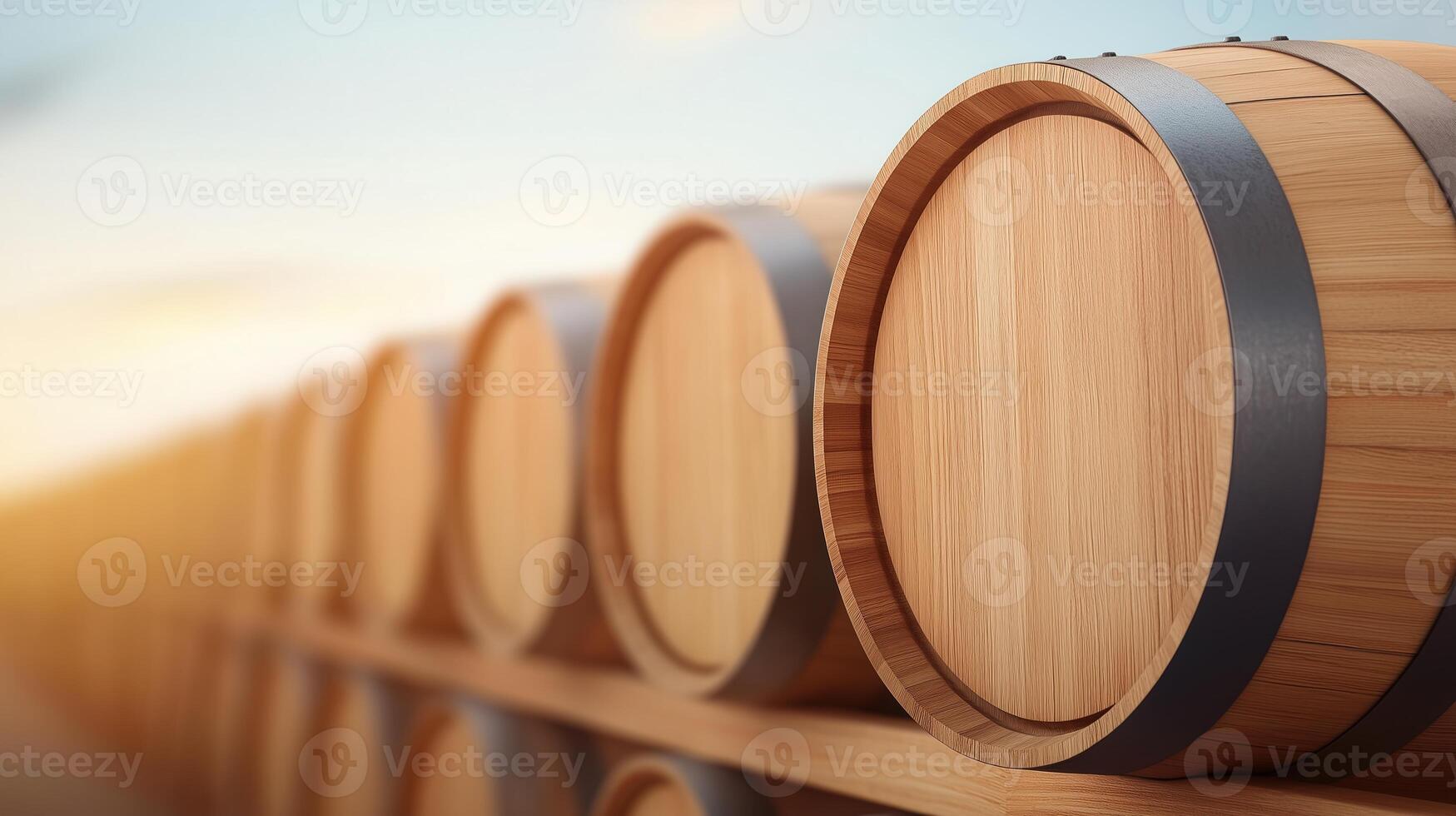 Rustic Wooden Wine Barrels Stacked in Sunlit Cellar for Craft Beverage Aging and Storage, Artisan Winery Concept with Warm Tones, Ideal for Vineyard Decor, Winery Marketing, Aged Wine Promotion photo