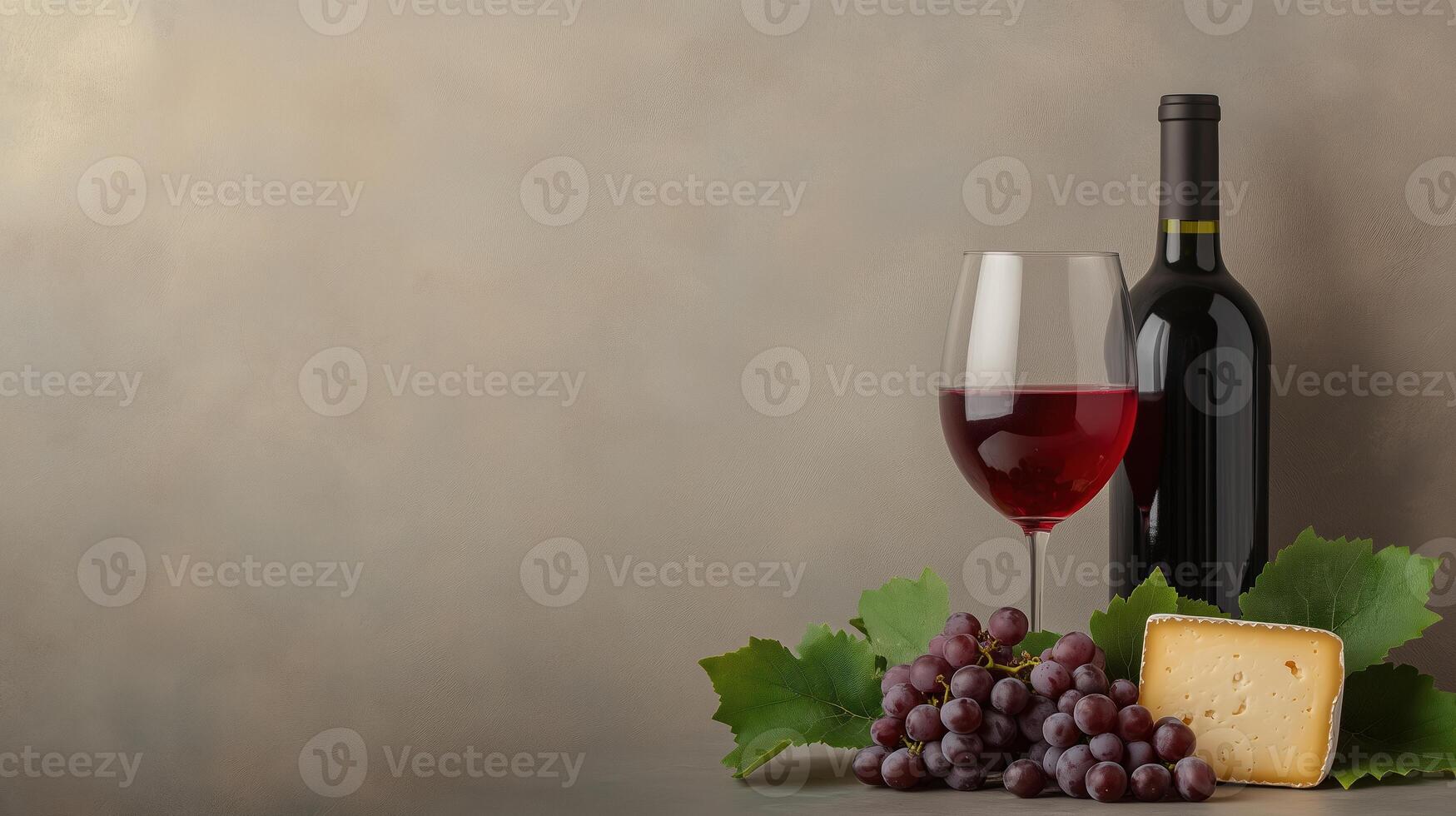 Wine Tasting Invitation Featuring Red Wine Glass Bottle Grapes Cheese On Elegant Background Emphasizing Sophisticated Hospitality And Culinary Experience With Rustic Charm And Premium Design photo