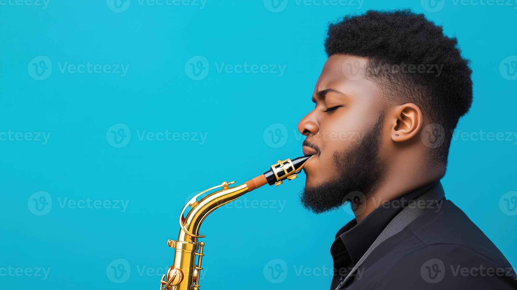 Close Up of Man Playing Saxophone with Focused Expression Against a Vibrant Blue Background in Studio Lighting for Musical Portrait Concept photo
