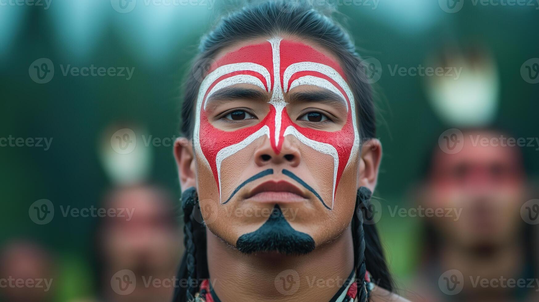 Two Spirit Cultural Celebration Portrait with Traditional Face Paint in Indigenous Festive Ceremony Amidst Natural Setting Highlighting Heritage and Identity photo