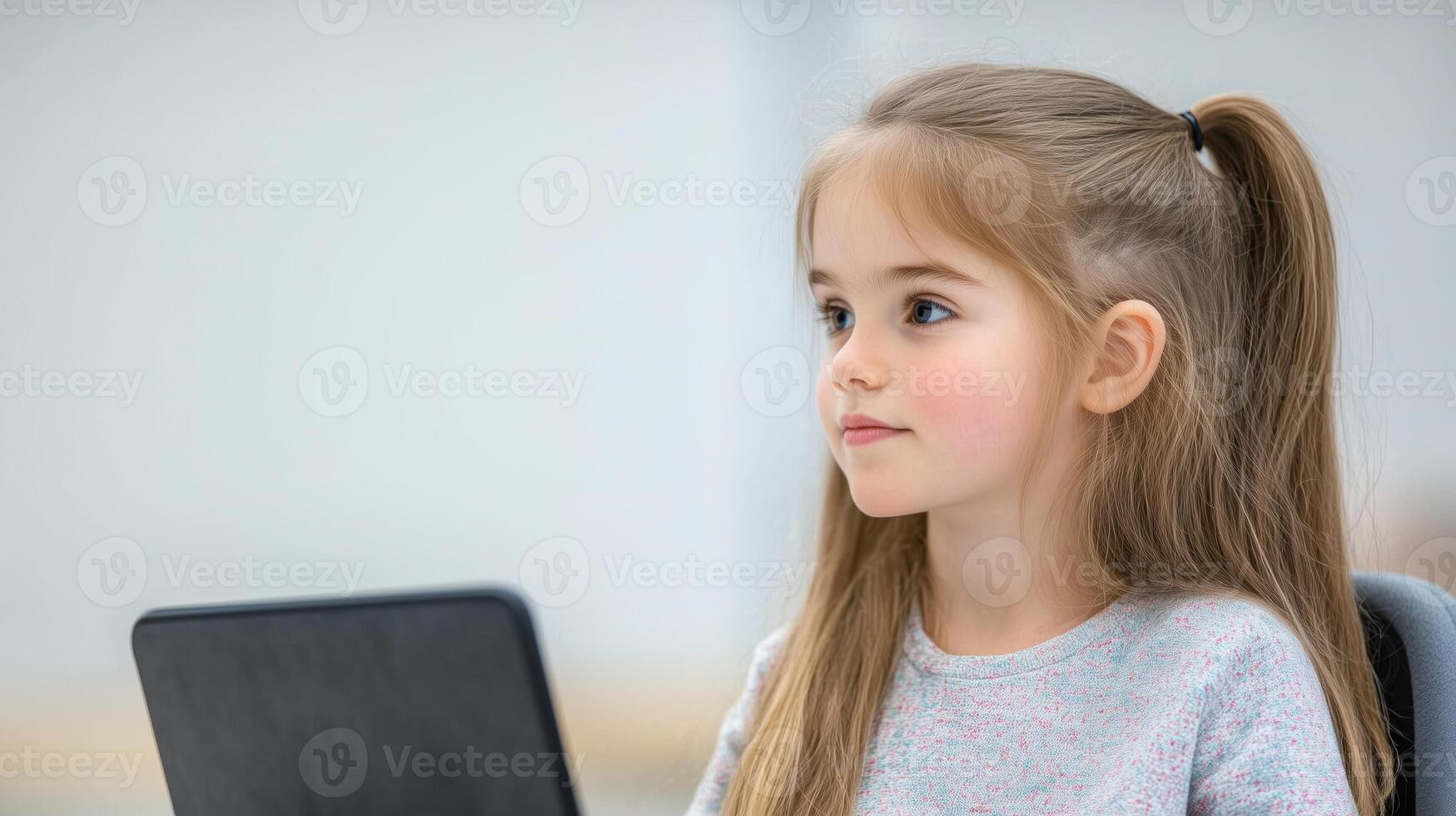 Young Girl Engaged with Tablet in Classroom Setting Learning Technology Education Child Focused Study photo