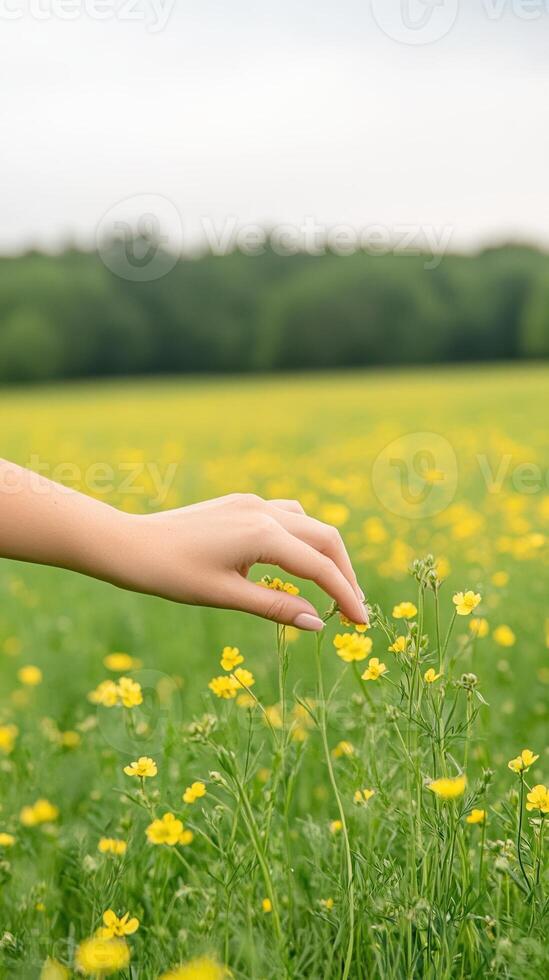 Hand Touching Yellow Wildflowers in Blooming Meadow Under Cloudy Sky in Springtime Tranquil Countryside photo
